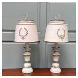 PAIR of TOLE LAMPS | Pink with gold decorations; h. 22 in. [one faded]