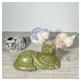 (4pc) MISC. CAT FIGURES | Including a paper mache weighted cat, an Italian faience cat, and a pair o