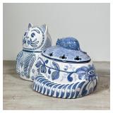 CAT COOKIE JAR | Conimbriga, ceramic with blue underglaze, made in Portugal; h. 7 x 11 in.