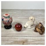 (4pc) MISC. DECORATIVE ITEMS | Including a Staffordshire dog, carved wooden apple, ceramic frogs, mi