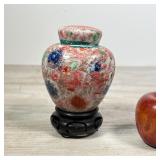  Including a Staffordshire dog, carved wooden apple, ceramic frogs, miniature lidded jar (h. 4-1/2 i