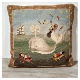 (4pc) NEEDLEPOINT PILLOWS | Various scenes, including a whale, a cat, and a townscape; largest 15 x 