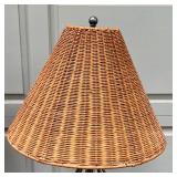 PAIR METAL LAMPS WITH WICKER SHADES | h. 28 x 16 in. [one shade separated at top]