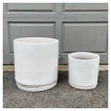 (2pc) WHITE CONTEMPORARY GLAZED PLANTERS | With conforming underplates; h. 16 x 16 in. & h. 11 x 11 