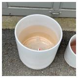 (2pc) WHITE CONTEMPORARY GLAZED PLANTERS | With conforming underplates; h. 16 x 16 in. & h. 11 x 11 
