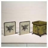 (3pc) TOLEWARE DECOR | Including a footed tole planter (h. 5-1/2 in.) and a pair of bookends