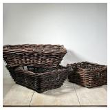 (3pc) WICKER BASKETS | Brown wicker storage baskets; largest w. 7-3/4 in.
