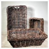 (3pc) WICKER BASKETS | Brown wicker storage baskets; largest w. 7-3/4 in.