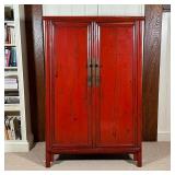 CHINESE LACQUERED CABINET | Red lacquered cabinet, with double doors opening to reveal two drawers b