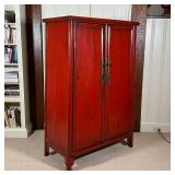 double doors opening to reveal two drawers between open shelves, with brass hardware; h. 60 x 40 x 2
