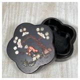  Having lobed sides with inlay decoration showing a figure beneath a blossoming tree; h. 1-1/2 x 3-1