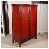 double doors opening to reveal two drawers between open shelves, with brass hardware; h. 60 x 40 x 2