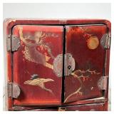  Painted wood jewelry chest decorated with a crane and blossoming branches, with patinated pressed b