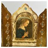 Shrine in three panels, showing a portrait of a young woman in prayer, gilt and paint decorated with