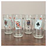(4pc) PLAYING CARD GLASSES | Playful barware, tall drinking glasses decorated with playing cards; h.