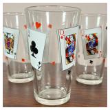 (4pc) PLAYING CARD GLASSES | Playful barware, tall drinking glasses decorated with playing cards; h.