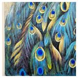 hand painted canvas showing a peacock perched on a branch on a metallic silvered ground, with Utterm