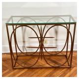 having a glass top on an openwork gilt metal frame; h. 34-1/2 x w. 42 x d. 16 in. [one crack to fram