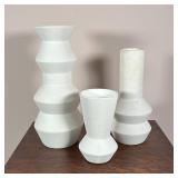 (3pc) WEST ELM VASES | White painted ceramic vases with West Elm labels / markings on bottom; talles