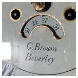 the oak and mahogany case with pagoda top; h. 86-1/2 x w. 20 x d. 10-1/2 in.