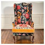 NEEDLEPOINT WING CHAIR | With rose patterned needlepoint upholstery, separate seat cushion; h. 46 x 