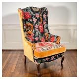 NEEDLEPOINT WING CHAIR | With rose patterned needlepoint upholstery, separate seat cushion; h. 46 x 