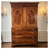 ANTIQUE LINEN PRESS | Possibly American, mahogany and walnut, having double cabinet doors with venee