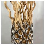Contemporary accent decor, very tall openwork vase with curved natural wood sticks; vase h. 41 in., 