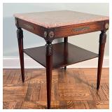 MARBLE TOP SIDE TABLE | Marble top on a wood frame with medial shelf and brass mounts; h. 26 x 23 x 