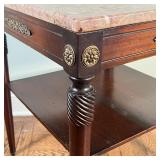 MARBLE TOP SIDE TABLE | Marble top on a wood frame with medial shelf and brass mounts; h. 26 x 23 x 