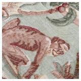 Flat-woven needlepoint rug having an overall field with monkeys within a border of monkeys with bowl