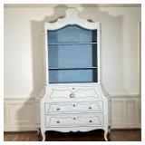 FRENCH PROVINCIAL STYLE SECRETARY | Painted secretary bookcase with a pagoda top over three open she