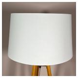 solid-ash base with polished nickel hardware and a large, slightly tapered beige shade; base h. 54 x