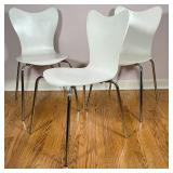 Three West Elm scoop back dining chairs, white bentwood seats on chrome-plated iron legs; h. 33 x w.