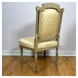 Carved wood frame with fluted legs and cushioned seat / back rest with striped satin-like upholstery