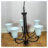 CONTEMPORARY CHANDELIER | Five arm chandelier with frosted glass shades; h. 26 x dia. 25 in.