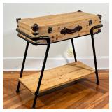 CHEST on STAND | Light pine storage chest with hinged lid, metal hardware and leather banding / hand