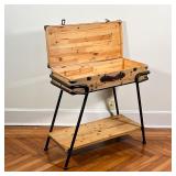 metal hardware and leather banding / handle, on a metal frame with lower pine shelf; h. 30 x w. 30 x