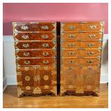 PAIR CHINESE CABINETS | Nicely figured wood chests / silverware chests, with five drawers over doubl