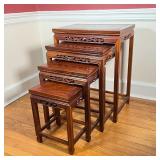 (4pc) CHINESE NESTING TABLES | Carved wood nesting side tables with openwork branch borders decorate
