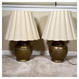 PAIR BRASS TABLE LAMPS | Swirled body, of lidded jar form - h. 28 x dia. 18 in.