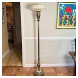 ANTIQUE STYLE FLOOR LAMP | Having a ribbed column base with alabaster rings at the bottom, with a mi