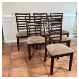 ladder back side chairs with dark wood frames and simple herringbone upholstery; h. 38 x w. 17-1/2 x