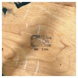 counter stools, stamped on underside, with rustic green paint; h. 26-3/4 x dia. 14 in.