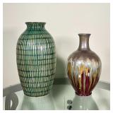 (2pc) POTTERY VASES | Two decorative pottery vases, including a green and brown ribbed vase (h. 12-1