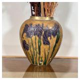 ENAMELED VASE | Flower vase of small size, enamel decorated with purple irises; h. 6 x w. 5-1/2 in.