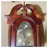 Ridgeway grandfather clock with fancy brass dial and moon phase, with Arabic numerals, glass panel d