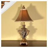 MARBLE TABLE LAMP | Black marble with gilt composition scrolled sides; h. 23-1/2 x dia. 12 in. [appe