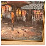 French scene of the Moulin Rougue, showing figures on a rainy day, signed lower right; stretcher 20 