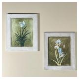 PAIR FRAMED FLOWER PAINTINGS | Stencil painted flowers in distressed white frames - 12-1/2 x 10-1/2 